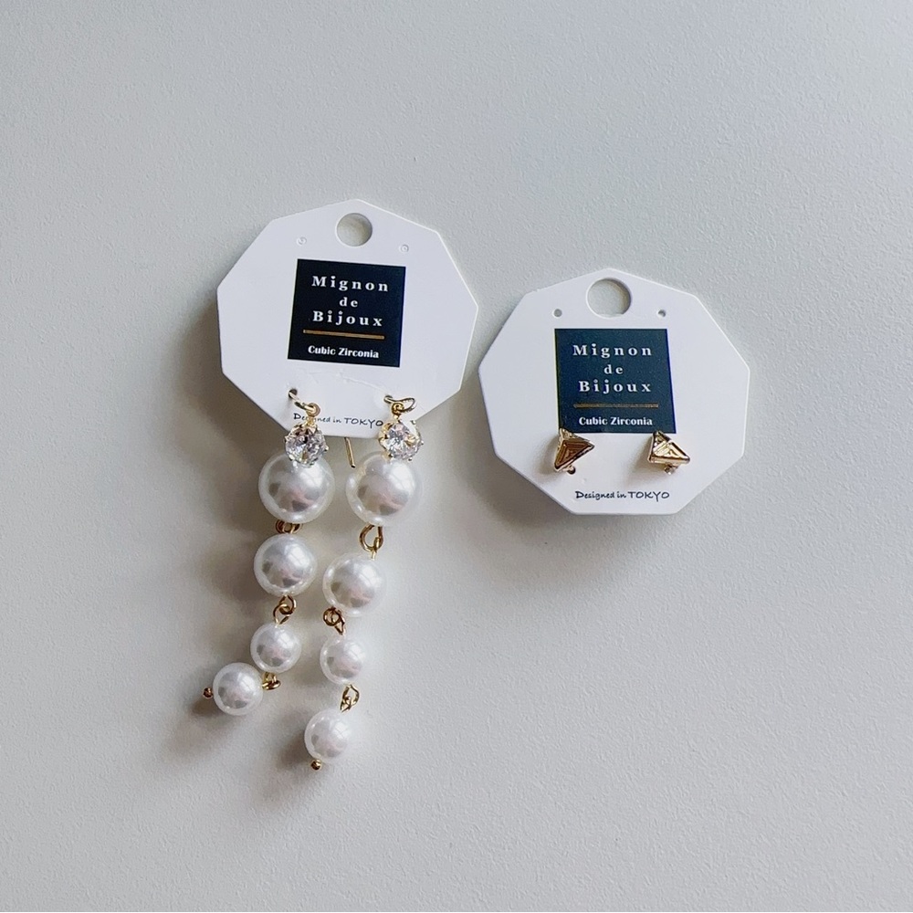Earrings Bundle - Faux Pearl drop earrings/ Gold geometric earrings